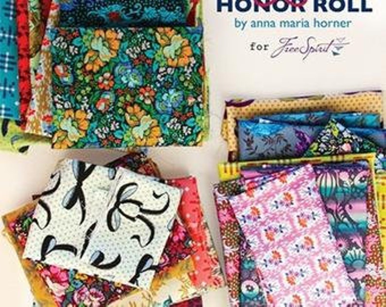 May include: A collection of fabric fat quarters in a variety of colourful patterns, including floral, geometric, and abstract designs. The fabric is arranged in stacks and labelled "Honor Roll" by Anna Maria Horner for Free Spirit.
