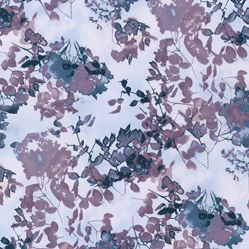 May include: A seamless pattern featuring a watercolor design of blue and purple leaves on a white background.