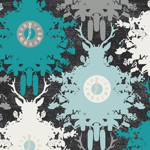 May include: A teal and white repeating pattern featuring a cuckoo clock design with deer silhouettes and clock faces. The clock faces have Roman numerals and black hands.