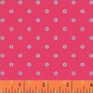 May include: Pink fabric with a white floral pattern. The fabric has a repeating pattern of small white flowers on a solid pink background.