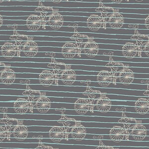 May include: A seamless pattern featuring a repeating design of two figures riding a bicycle on a striped background. The figures are drawn in a simple, white line style and the background is a dark gray with light blue stripes.