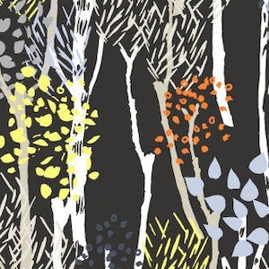 May include: Abstract forest pattern with white tree trunks and branches, set against a dark background. The design features yellow, orange, gray, and blue leaf clusters and foliage, creating a textured, artistic look.