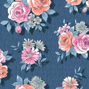 Andover Top Drawer Pink Roses on Navy Background by Kathy Hall A-8890-B - 100% Premium Cotton