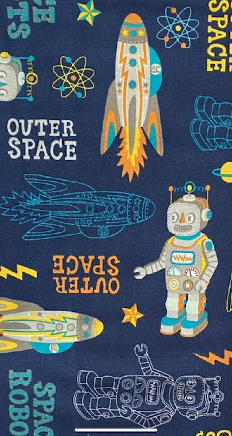 Robots and Rockets Atomic Bot Navy 77503-B by Silvia Dekker for South Sea 100/% Premium Quilting Cotton Fabric
