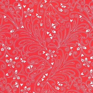 May include: Red fabric with a white pattern of swirling vines, hearts, and snowflakes.