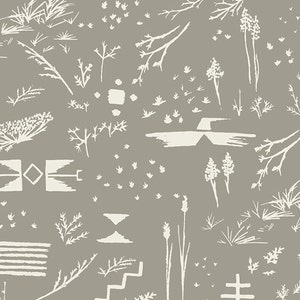May include: A seamless pattern featuring a variety of white stylized plants and geometric shapes on a gray background.