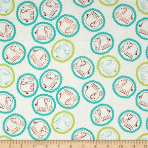 May include: White fabric with a repeating pattern of teal, green, and red circles containing stylized elephant illustrations.