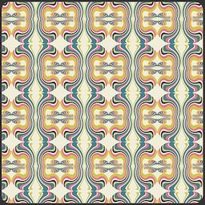 May include: A seamless pattern featuring a repeating design of overlapping, curved shapes in shades of yellow, pink, teal, and black. The background is a light cream colour.