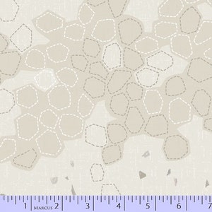 May include: A white fabric with a subtle textured background featuring a repeating pattern of beige and white geometric shapes outlined in a light gray dashed line.