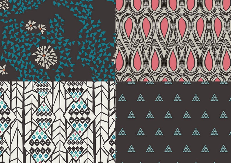 ETN 50043 Black Teal TRIANGLES by Pat Bravo for Art Gallery 100/% Premium Cotton Fabric ETNO Contempo Pyramids Ebony by 12 Yard