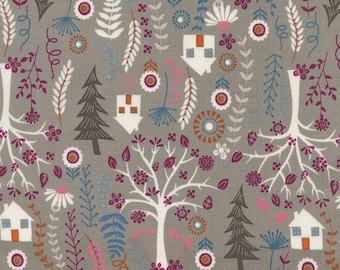 Forest House Folk by 1/2 Yard - C3042 Taupe for Timeless Treasures - Grey Purple - trees, house, flower, woodland - 100% Premium Cotton