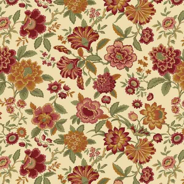 Lady J Cream 0741-0141 - Tarrington by Nancy Rink for Marcus Fabrics - Jacobean Floral Style Floral - 100% Premium Cotton