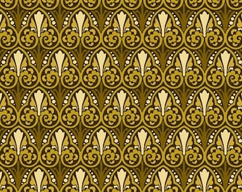 Puede incluir: Un patrón sin costuras con un diseño repetitivo de flores y hojas estilizadas en tonos dorados y crema sobre un fondo marrón oscuro.