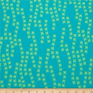 May include: Teal fabric with a repeating pattern of green butterflies. The butterflies are arranged in vertical lines, creating a flowing effect.