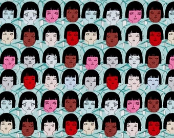 Fast Friends Black Bangs PWJH003 Teal by Juliana Horner for Free Spirit - Girl Faces Blue - 100% Premium Cotton