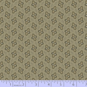 May include: A seamless pattern of small, stylised, three-leaf clover shapes in shades of green and brown on a light brown background.