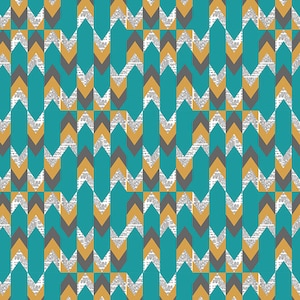 May include: Abstract geometric pattern with teal, gray, and gold chevron shapes. The pattern is made up of repeating chevron shapes that are arranged in a grid.