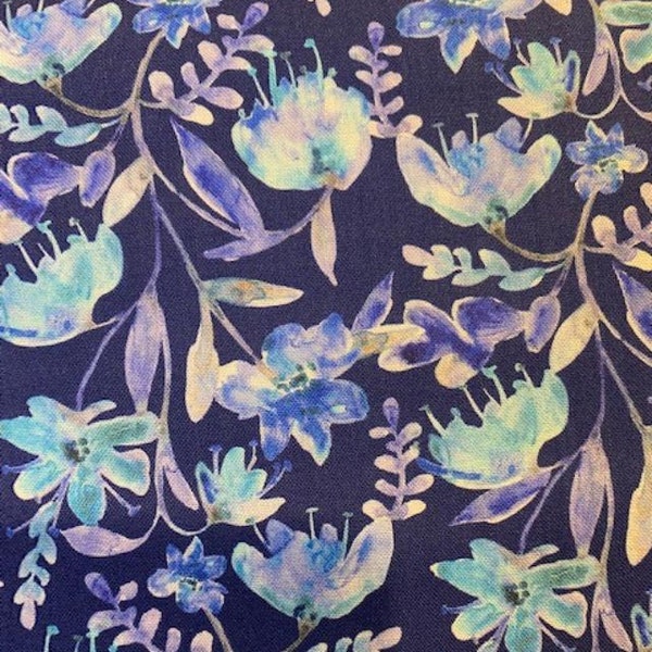 Peacock Paradise PWCH012.INDIGO by Corinne Haig for Free Spirit Watercolor Flowers Blue - By the Half Yard - 100% Premium Cotton Fabric