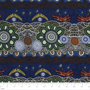 May include: A blue fabric with a repeating pattern of green, yellow, and red circles and dots. The pattern is reminiscent of Aboriginal art. The fabric is 12 inches wide.
