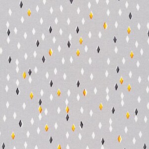 Könnte beinhalten: Ein grauer Hintergrund mit einem sich wiederholenden Muster aus weißen, schwarzen und gelben Rauten.