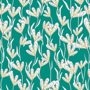 Peut inclure: Un fond turquoise avec un motif répétitif de fleurs stylisées blanches avec des accents verts et roses.