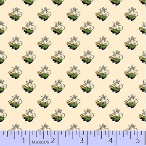 May include: A beige fabric with a repeating pattern of green stylized flowers. The fabric is measured with a ruler in inches.