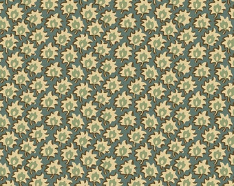 Puede incluir: Un patrón sin costuras con un diseño repetitivo de hojas estilizadas en tonos verdes y beige sobre un fondo azul.