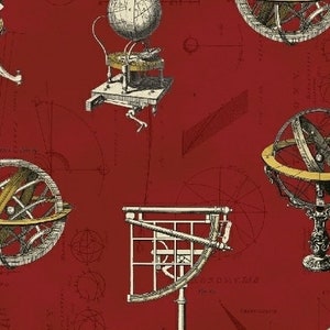 May include: A red background with a variety of antique-style gold and silver celestial globes and scientific instruments. The globes are on stands and have intricate details. The background is covered in a pattern of lines and circles.