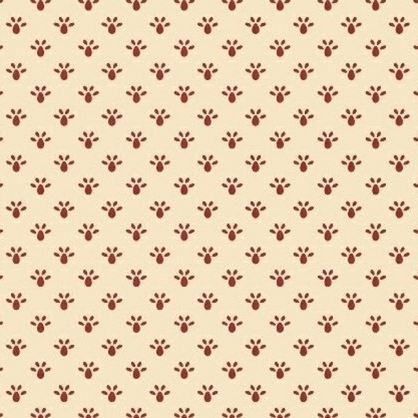 BATHWICK 8150-0131 Red Cream Floral Buds by Karen Styles for Marcus - 18th Century Reproduction - 100% Premium Cotton