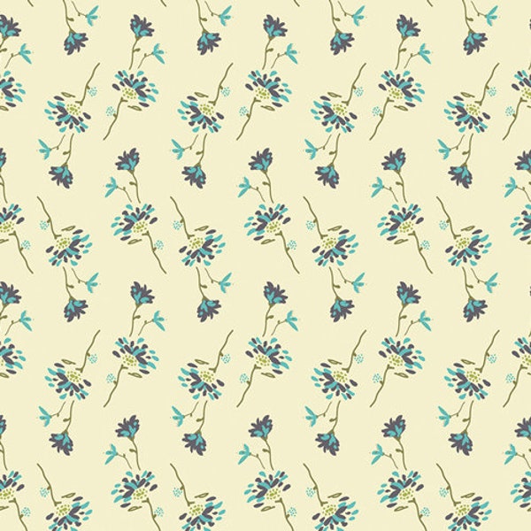 Gillie Wishes Cool Emmy Grace EMG-4605 for Art Gallery Fabric - Teal flowers on Soft Cream - 100% Premium Cotton Fabric