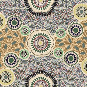 Aboriginal Art Design Apparel Meeting Places Ecru MPLE by Josie Cavanagh for M&S Textiles in Australia - 100% Premium Cotton