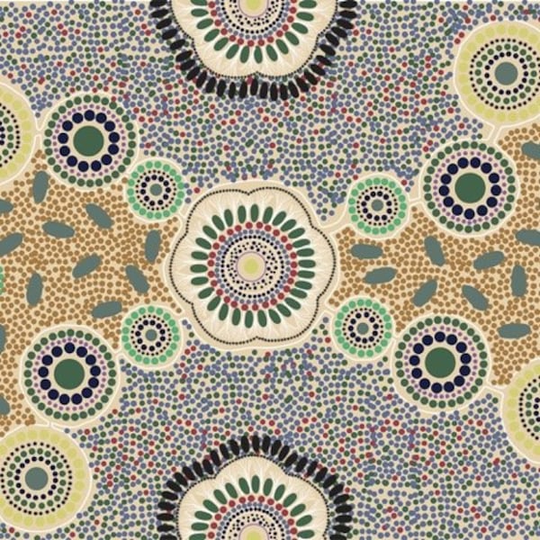 Aboriginal Art Design Apparel Meeting Places Ecru by Josie Cavanagh for M&S Textiles in Australia - 100% Premium Cotton