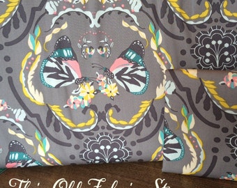 Art Gallery Fabrics EMG-4609 Emmy Grace Painted Ladies’ Flutter - Gray Gold Teal Floral Butterfly - 100% Premium Cotton