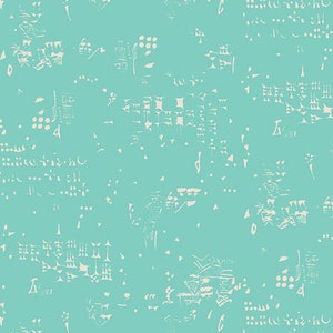 May include: Abstract pattern with white markings on a turquoise background. The markings resemble a variety of shapes and symbols.