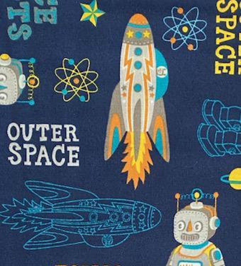 Robots and Rockets Atomic Bot Navy 77503-B by Silvia Dekker for South Sea 100/% Premium Quilting Cotton Fabric