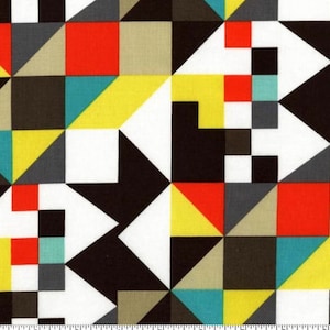 Puede incluir: Tela de patrón geométrico abstracto con cuadrados y triángulos negros, blancos, rojos, amarillos, grises y turquesa.