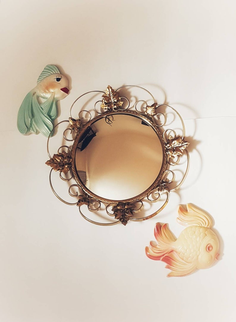 Vintage Mid Century Decorative Convex Mirror Ornate Leaf Etsy
