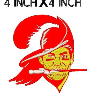 May include: A red, white, and yellow embroidered patch of a pirate with a sword and a red hat. The patch is 4 inches by 4 inches.