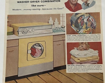 Vtg 1960er Jahre RCA Whirlpool Waschmaschine Trockner Combo Print-Anzeige Gelbe Retro-Waschküche