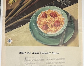 Vtg 1940s Kelloggs Corn Flakes Cereal Print Ad Mount Clemens Petal Ware Artist