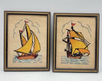 2 Vtg Sail Boat Needlepoint Pictures Framed Vogart 1970s Nautical Sailing Yellow
