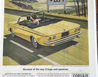 Vtg 1960s GM Chevy Corvair Spyder Convertible Print Ad Yellow Main Squeeze Left