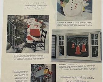 1960er Jahre Vintage Weihnachtsholz Yard Außendekor-Druck Ad Kitschmas Schneemann Santa