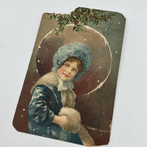 Ancienne Carte postale de Noël en relief pour fille, manchon, neige, glace, hiver, bleu, 1909, Allemagne