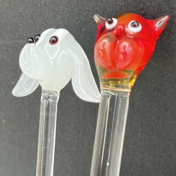 Set 2 Vtg Italian Blown Art Glass Animal Topper Swizzle Sticks Dogs White Brown