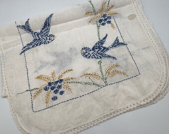 Vtg Blue Yellow Bluebird Dresser Scarf Embroidered Cottage 36" Rectangle