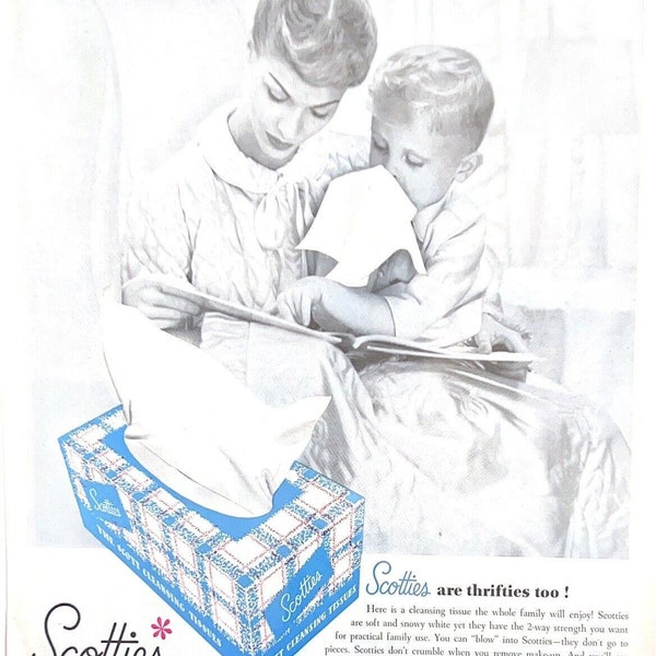 Vtg Scotties Cleansing Tissues Print Ad Bathroom Blue Mother Son 1956 1950s