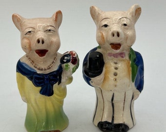 Vtg Fancy Man Woman Pig Couple Salt Pepper Shakers Japan Kitsch Anthropomorphic