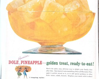 Vtg Dole Hawaiian Ananas Print Ad Küche Obst Dessert Gelb Sommer 1956