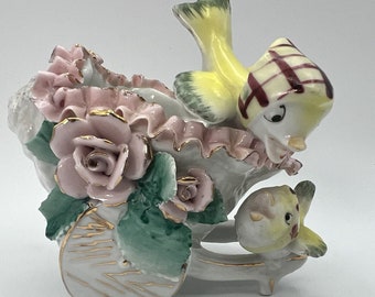 Vtg Ucago Anthropomorphic Mother Baby Bird Buggy Planter Yellow Pink AS-IS 4"